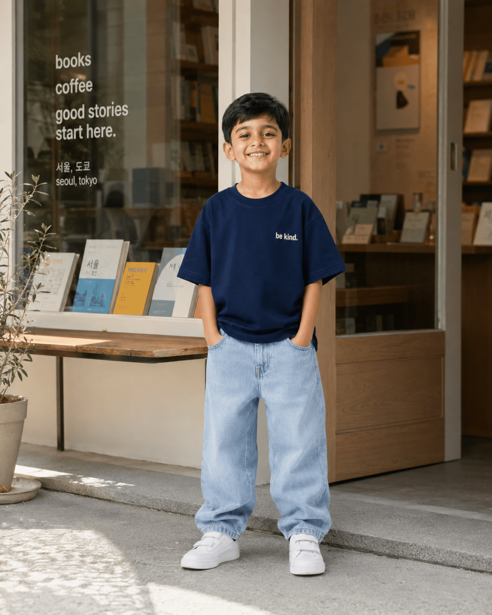Boys oversized graphic t-shirt in navy blue, Be Bold print, Bold Cub Korean streetwear - lifestyle shot