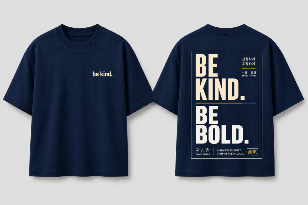 Boys oversized graphic t-shirt in navy blue, Be Bold print, Bold Cub Korean streetwear - flat lay
