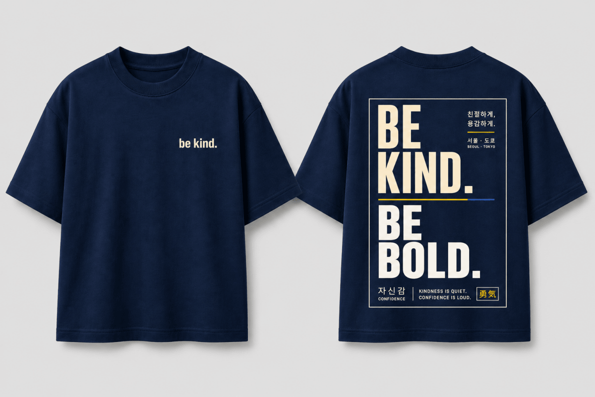 Boys oversized graphic t-shirt in navy blue, Be Bold print, Bold Cub Korean streetwear - flat lay