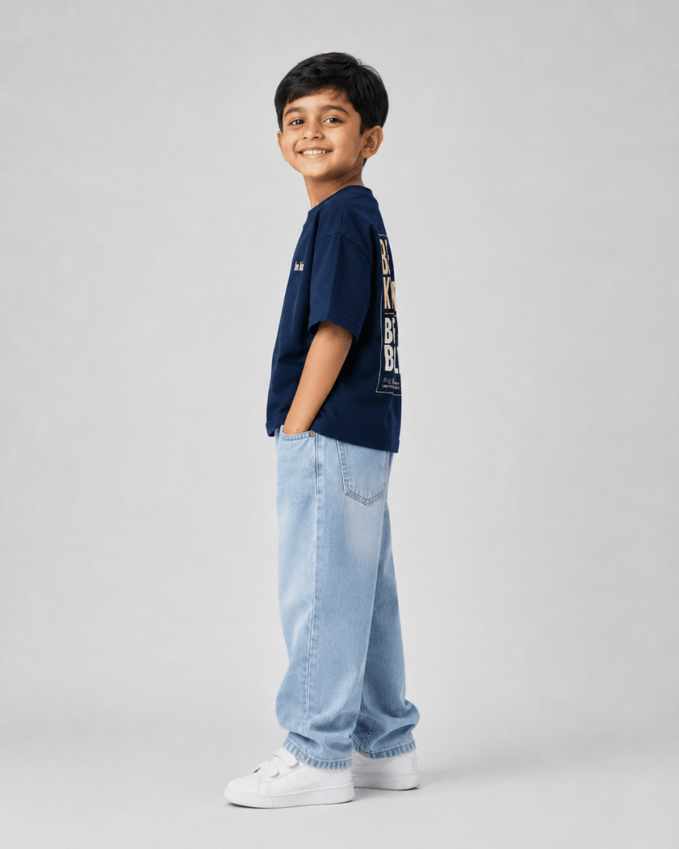 Boys oversized graphic t-shirt in navy blue, Be Bold print, Bold Cub Korean streetwear - detail shot