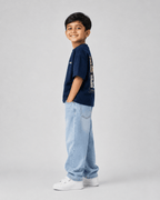 Boys oversized graphic t-shirt in navy blue, Be Bold print, Bold Cub Korean streetwear - detail shot