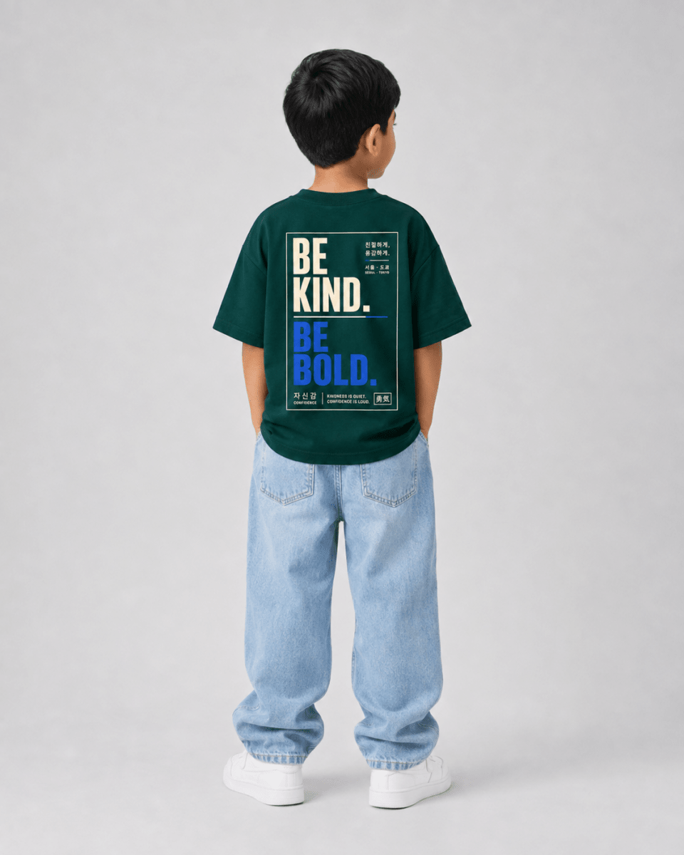 Boys oversized graphic t-shirt in emerald green, Be Bold print, Bold Cub Korean streetwear - back