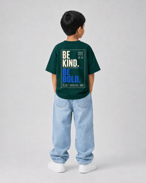 Boys oversized graphic t-shirt in emerald green, Be Bold print, Bold Cub Korean streetwear - back