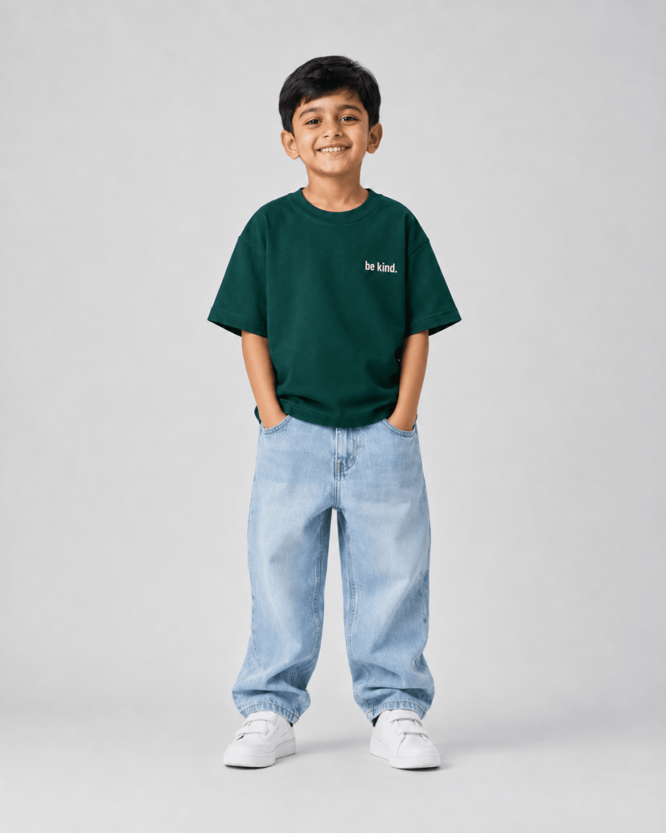 Boys oversized graphic t-shirt in emerald green, Be Bold print, Bold Cub Korean streetwear - front