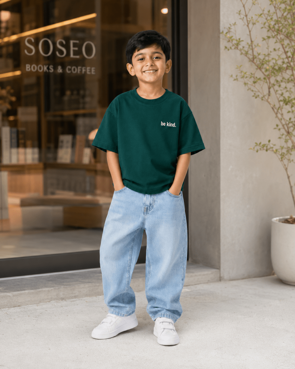 Boys oversized graphic t-shirt in emerald green, Be Bold print, Bold Cub Korean streetwear - lifestyle shot