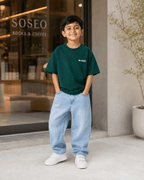 Boys oversized graphic t-shirt in emerald green, Be Bold print, Bold Cub Korean streetwear - lifestyle shot