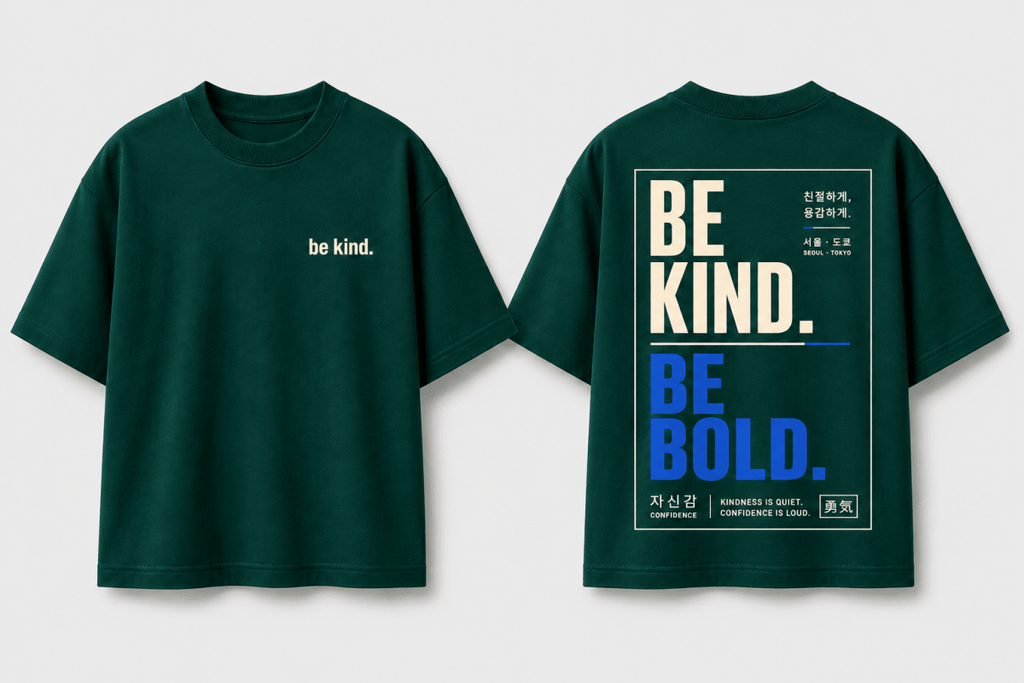Boys oversized graphic t-shirt in emerald green, Be Bold print, Bold Cub Korean streetwear - flat lay