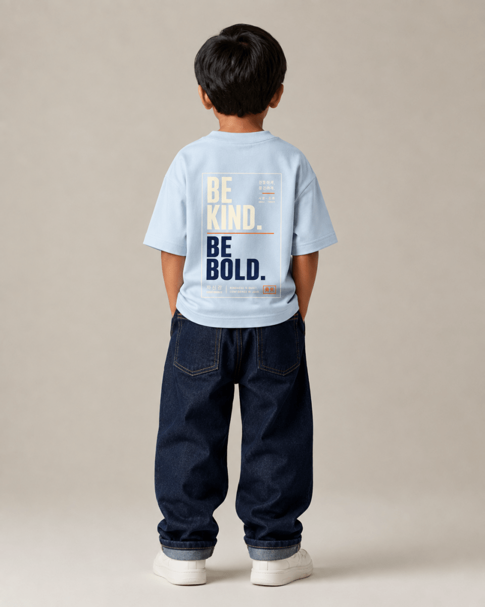 Boys oversized graphic t-shirt in sky blue, Be Bold print, Bold Cub Korean streetwear - back