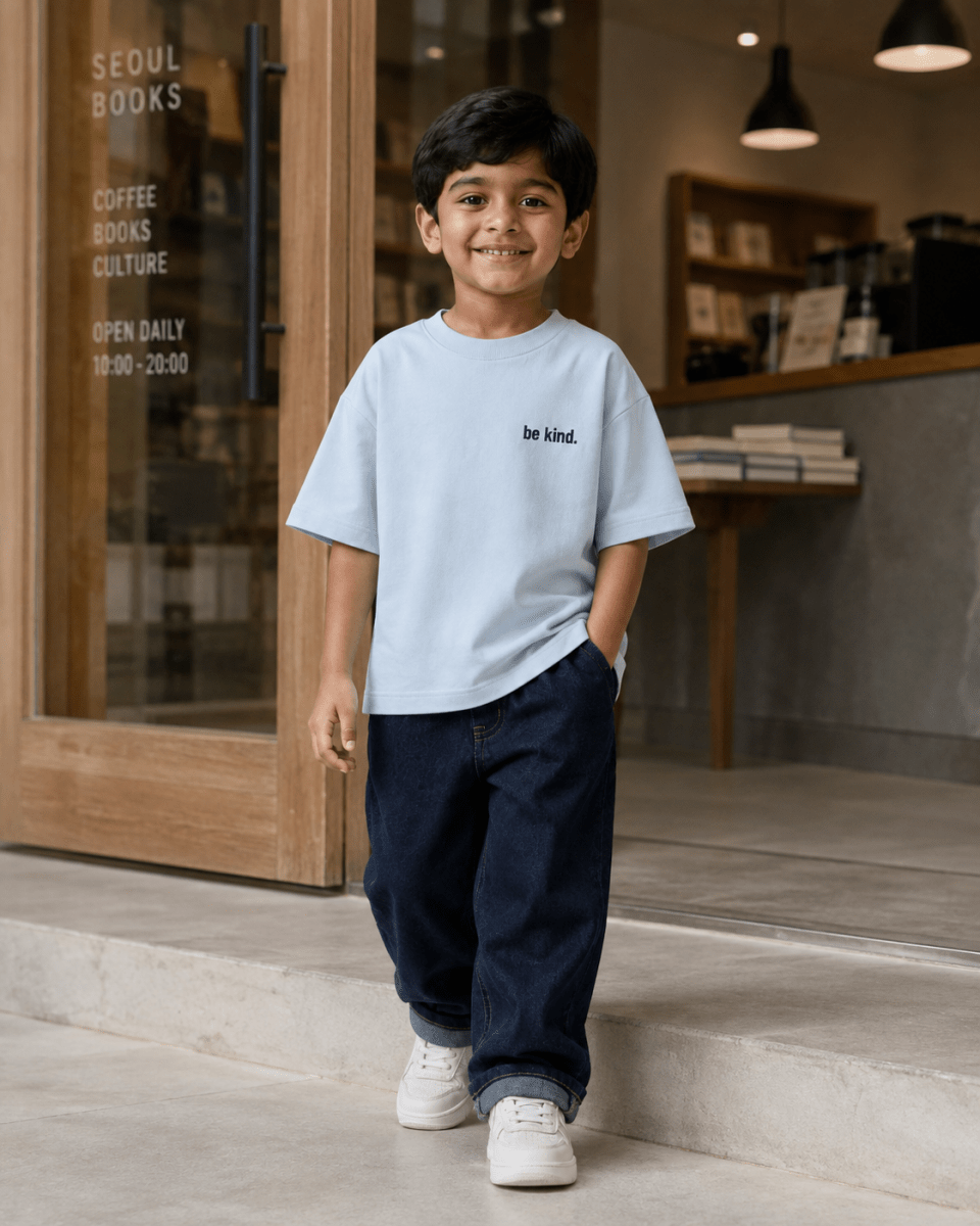Boys oversized graphic t-shirt in sky blue, Be Bold print, Bold Cub Korean streetwear - lifestyle shot