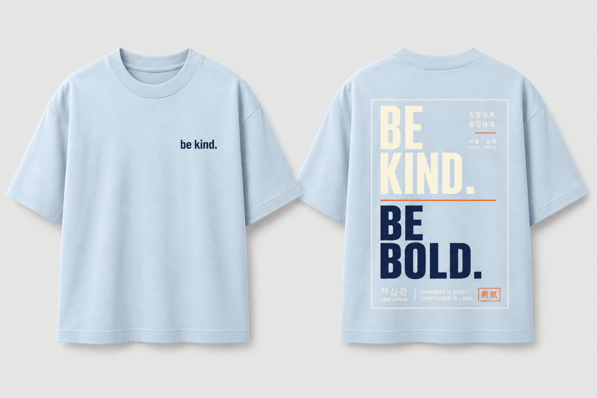Boys oversized graphic t-shirt in sky blue, Be Bold print, Bold Cub Korean streetwear - flat lay