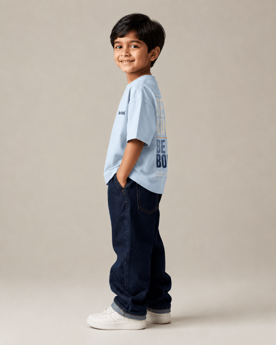 Boys oversized graphic t-shirt in sky blue, Be Bold print, Bold Cub Korean streetwear - detail shot