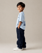 Boys oversized graphic t-shirt in sky blue, Be Bold print, Bold Cub Korean streetwear - detail shot