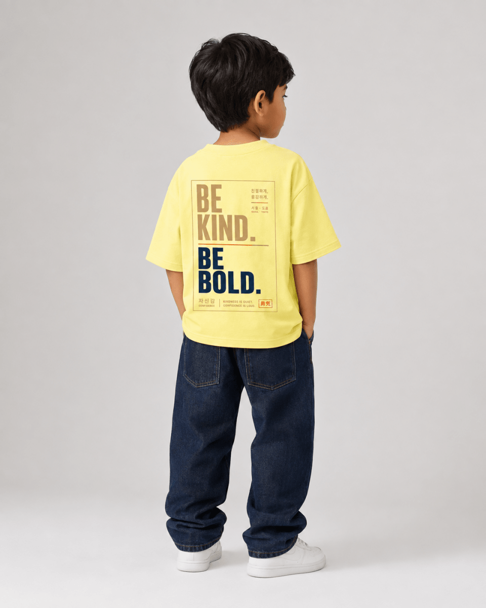 Boys oversized graphic t-shirt in pastel yellow, Be Bold print, Bold Cub Korean streetwear - back