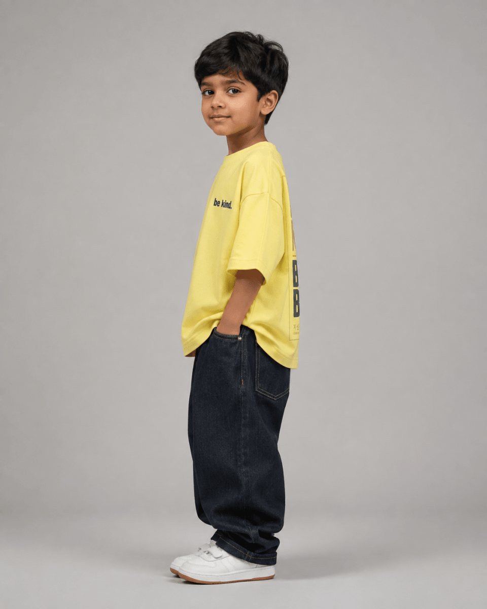 Boys oversized graphic t-shirt in pastel yellow, Be Bold print, Bold Cub Korean streetwear - detail shot