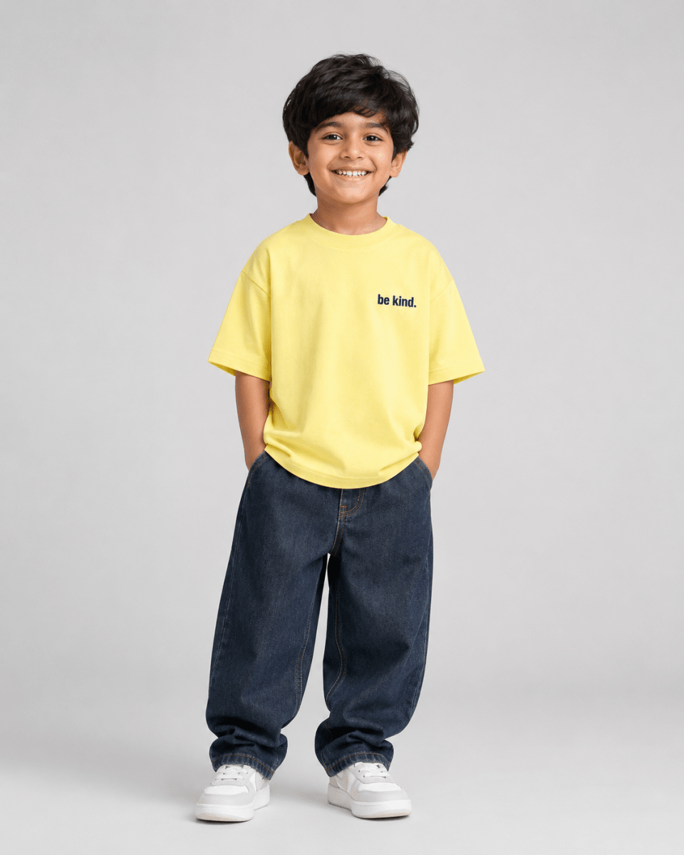 Boys oversized graphic t-shirt in pastel yellow, Be Bold print, Bold Cub Korean streetwear - front