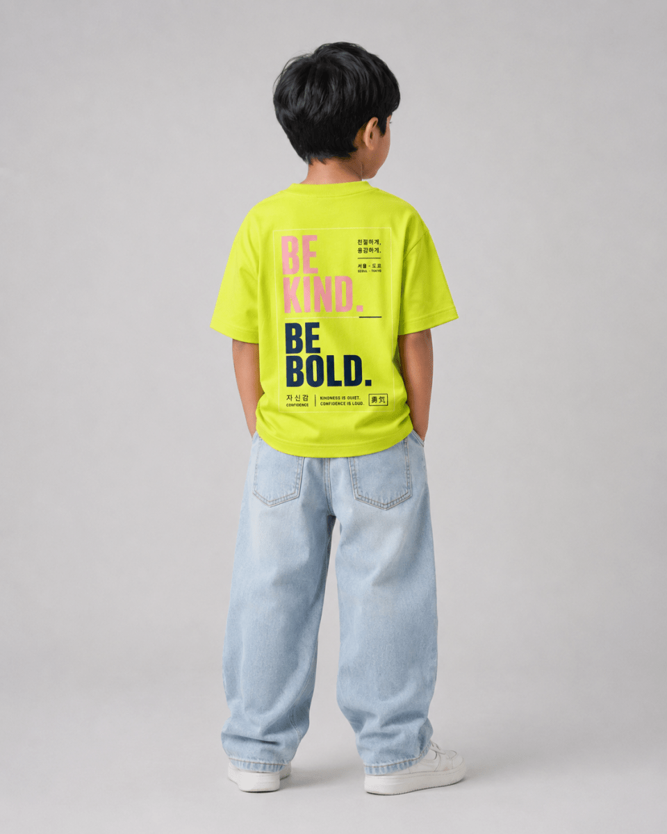 Boys oversized graphic t-shirt in neon lime, Be Bold print, Bold Cub Korean streetwear - back