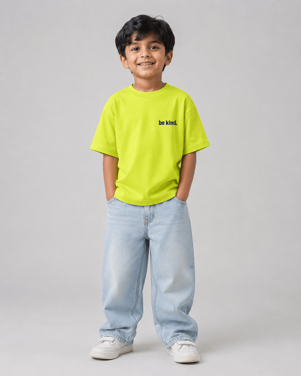 Boys oversized graphic t-shirt in neon lime, Be Bold print, Bold Cub Korean streetwear - front