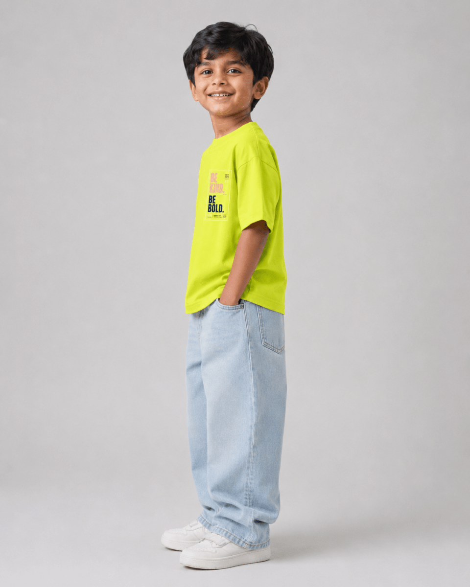 Boys oversized graphic t-shirt in neon lime, Be Bold print, Bold Cub Korean streetwear - detail shot