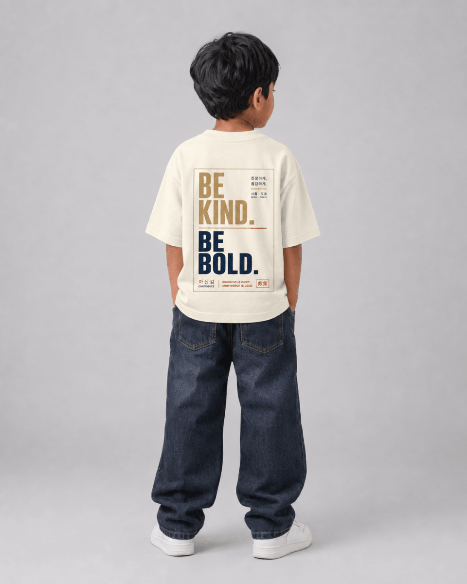 Boys oversized graphic t-shirt in off-white, Be Bold print, Bold Cub Korean streetwear - back