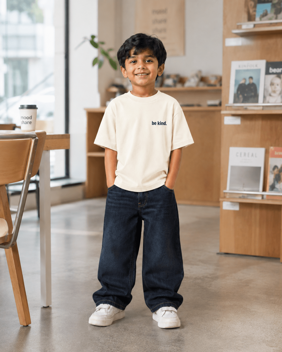 Boys oversized graphic t-shirt in off-white, Be Bold print, Bold Cub Korean streetwear - lifestyle shot