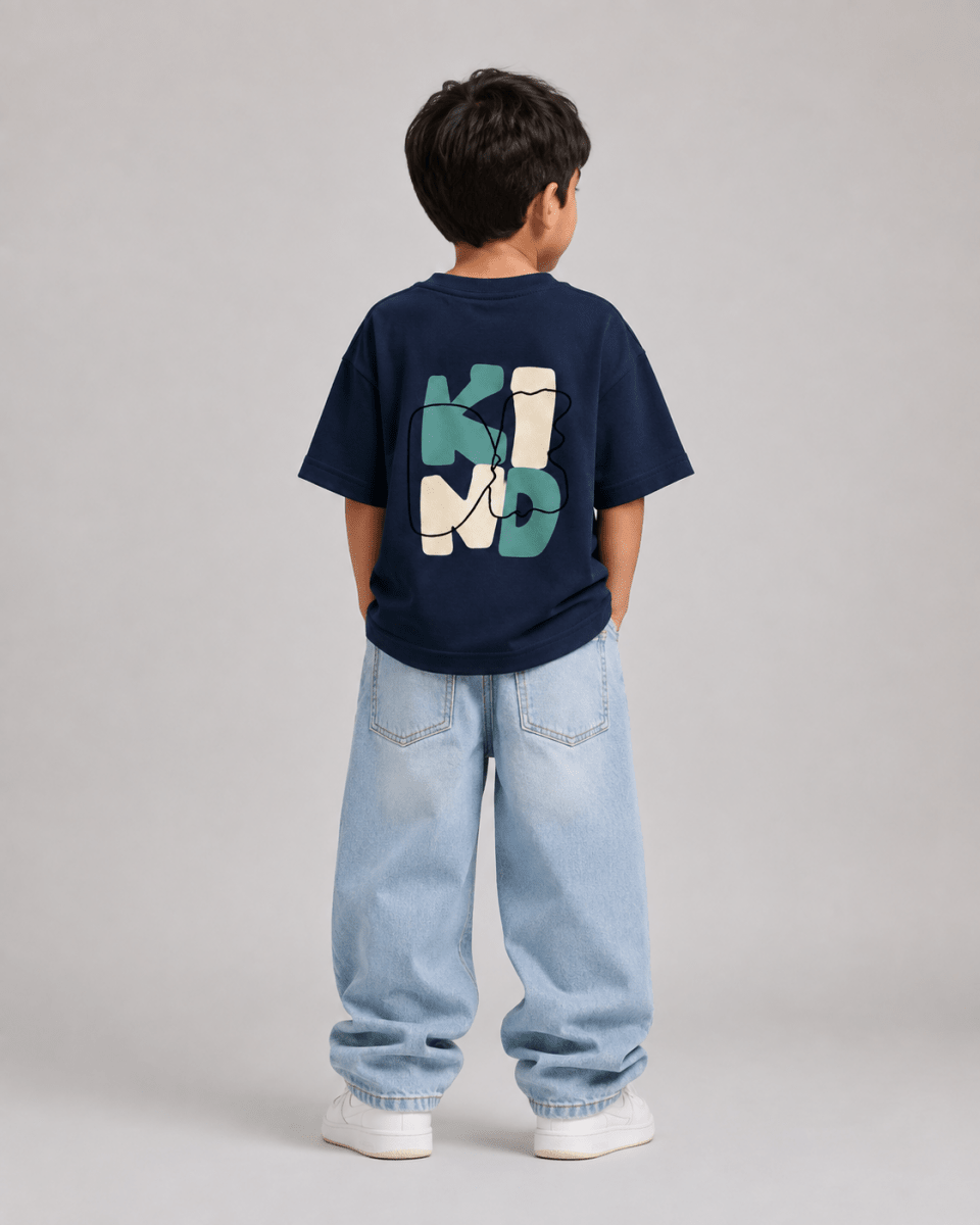 Boys oversized graphic t-shirt in navy blue, Be Kind print, Bold Cub Korean streetwear - back