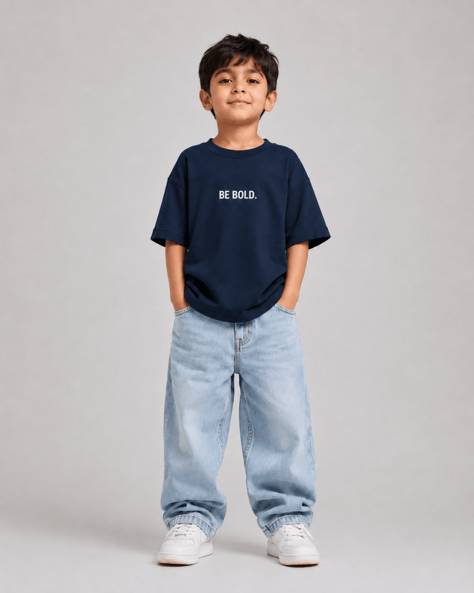Boys oversized graphic t-shirt in navy blue, Be Kind print, Bold Cub Korean streetwear - front