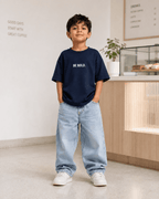Boys oversized graphic t-shirt in navy blue, Be Kind print, Bold Cub Korean streetwear - detail shot