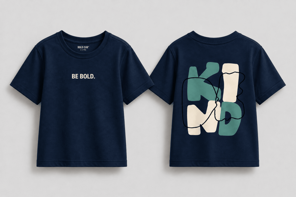 Boys oversized graphic t-shirt in navy blue, Be Kind print, Bold Cub Korean streetwear - lifestyle shot