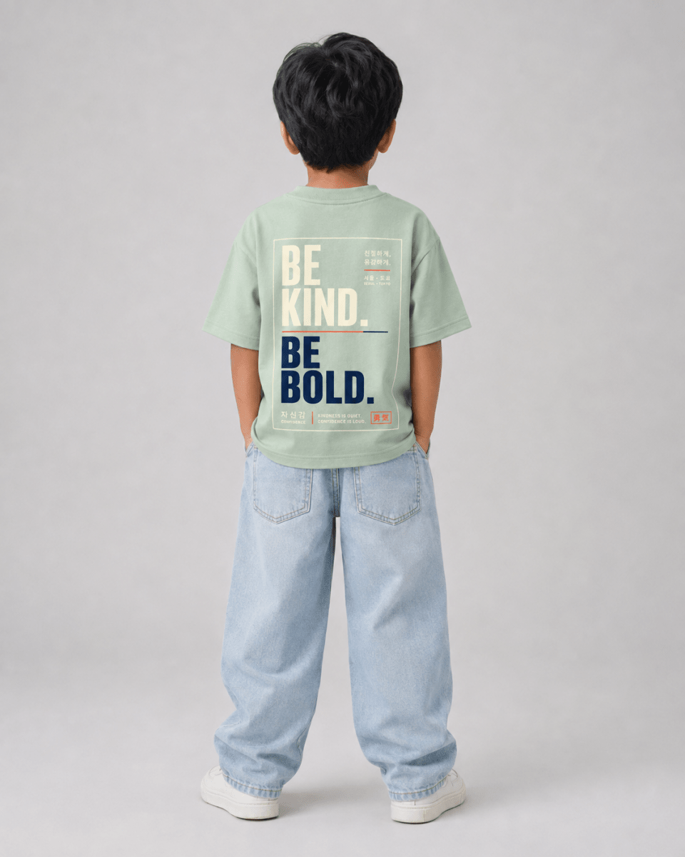 Boys oversized graphic t-shirt in sage green, Be Bold print, Bold Cub Korean streetwear - back