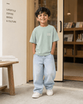 Boys oversized graphic t-shirt in sage green, Be Bold print, Bold Cub Korean streetwear - lifestyle shot