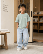 Boys oversized graphic t-shirt in sage green, Be Bold print, Bold Cub Korean streetwear - lifestyle shot