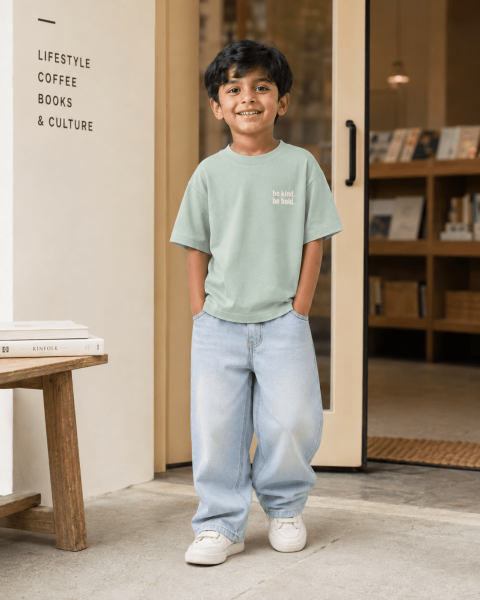 Boys oversized graphic t-shirt in sage green, Be Bold print, Bold Cub Korean streetwear - lifestyle shot