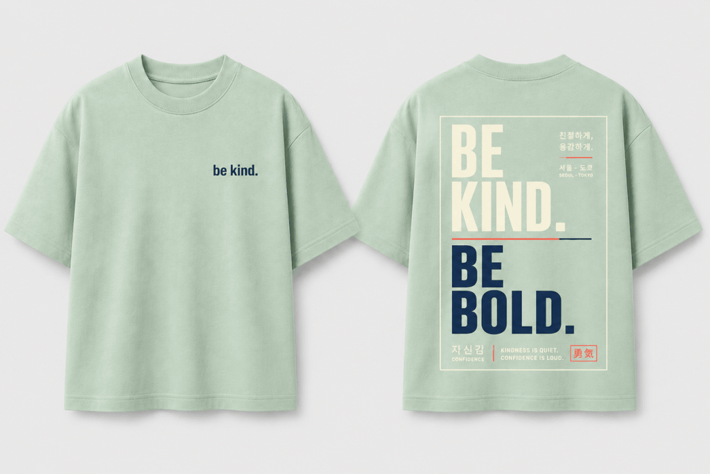 Boys oversized graphic t-shirt in sage green, Be Bold print, Bold Cub Korean streetwear - flat lay