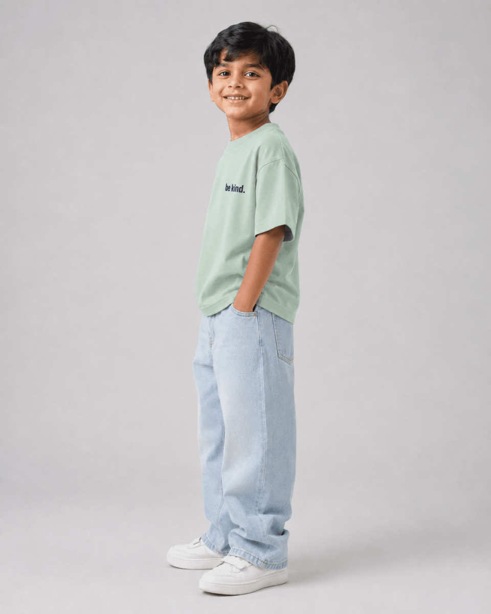Boys oversized graphic t-shirt in sage green, Be Bold print, Bold Cub Korean streetwear - detail shot