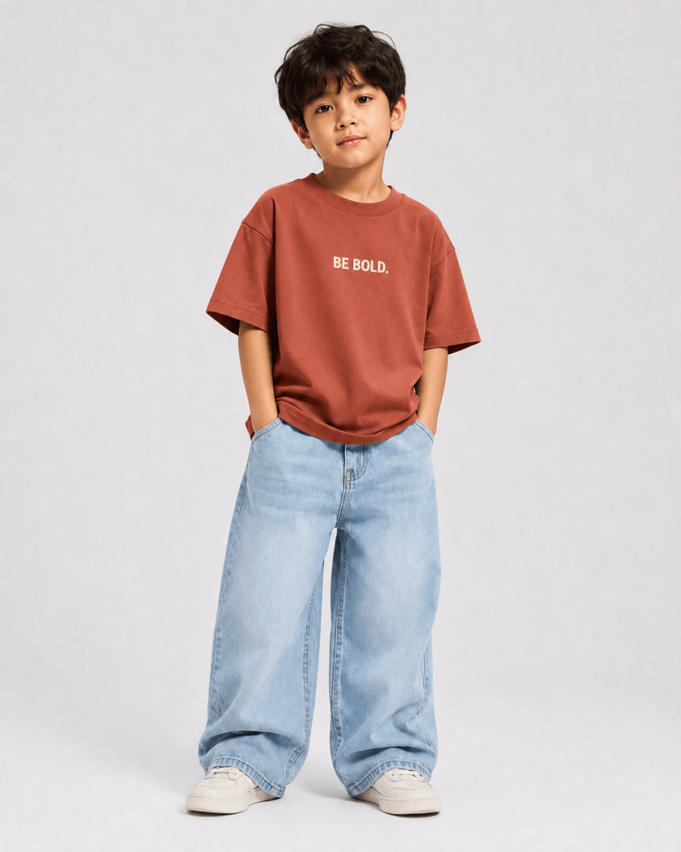 Boys oversized graphic t-shirt in terracotta, Be Kind print, Bold Cub Korean streetwear - front