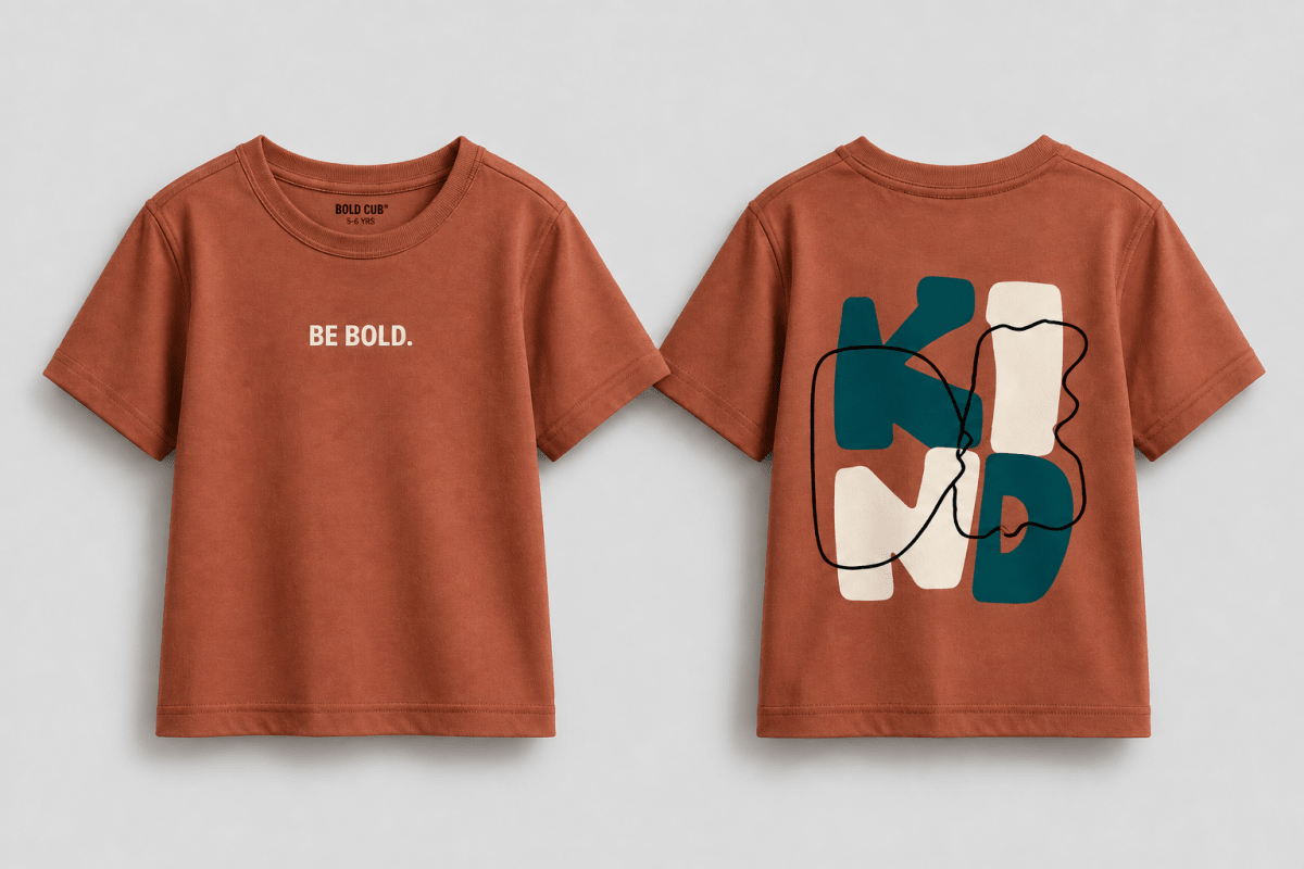 Boys oversized graphic t-shirt in terracotta, Be Kind print, Bold Cub Korean streetwear - lifestyle shot