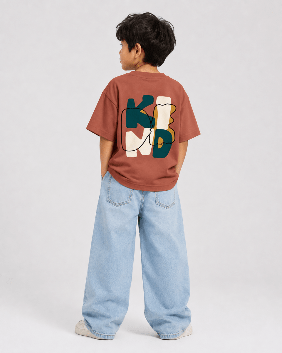 Boys oversized graphic t-shirt in terracotta, Be Kind print, Bold Cub Korean streetwear - back