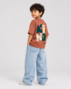 Boys oversized graphic t-shirt in terracotta, Be Kind print, Bold Cub Korean streetwear - detail shot