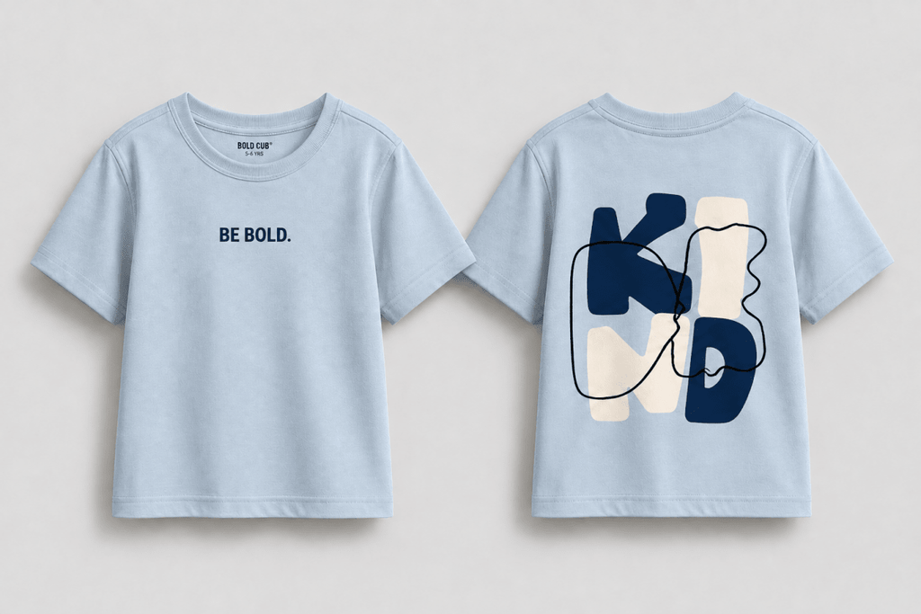 Boys oversized graphic t-shirt in sky blue, Be Kind print, Bold Cub Korean streetwear - flat lay
