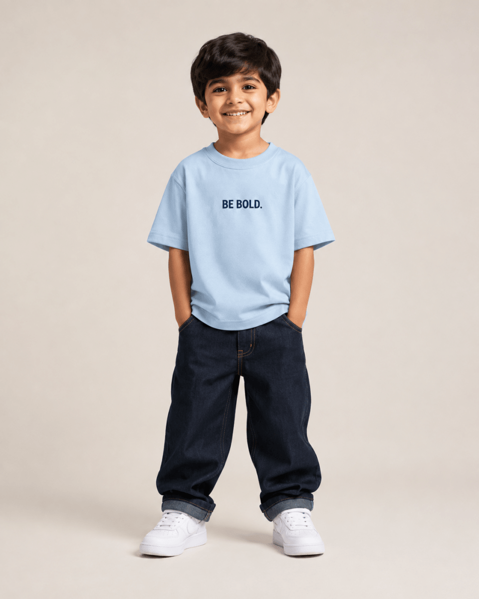 Boys oversized graphic t-shirt in sky blue, Be Kind print, Bold Cub Korean streetwear - front