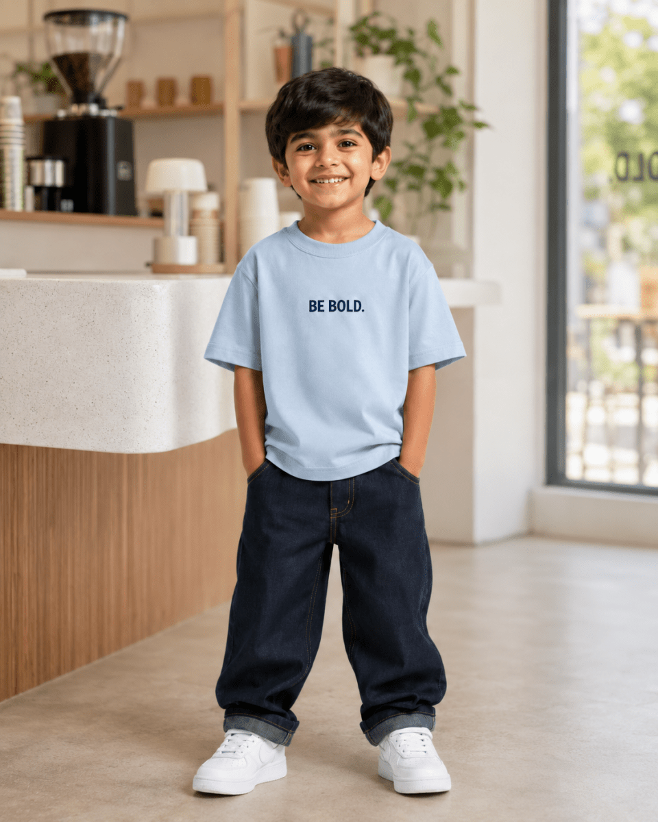 Boys oversized graphic t-shirt in sky blue, Be Kind print, Bold Cub Korean streetwear - lifestyle shot