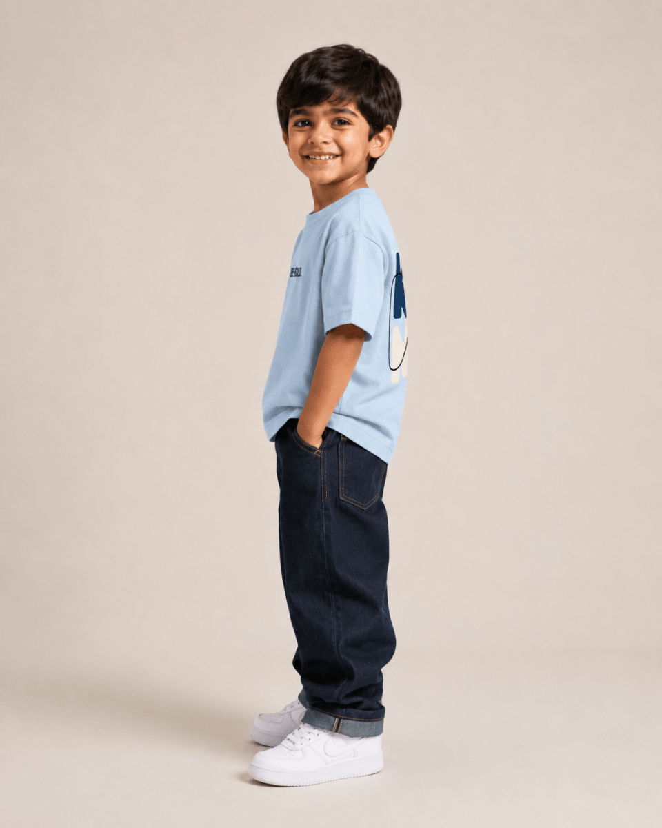 Boys oversized graphic t-shirt in sky blue, Be Kind print, Bold Cub Korean streetwear - detail shot