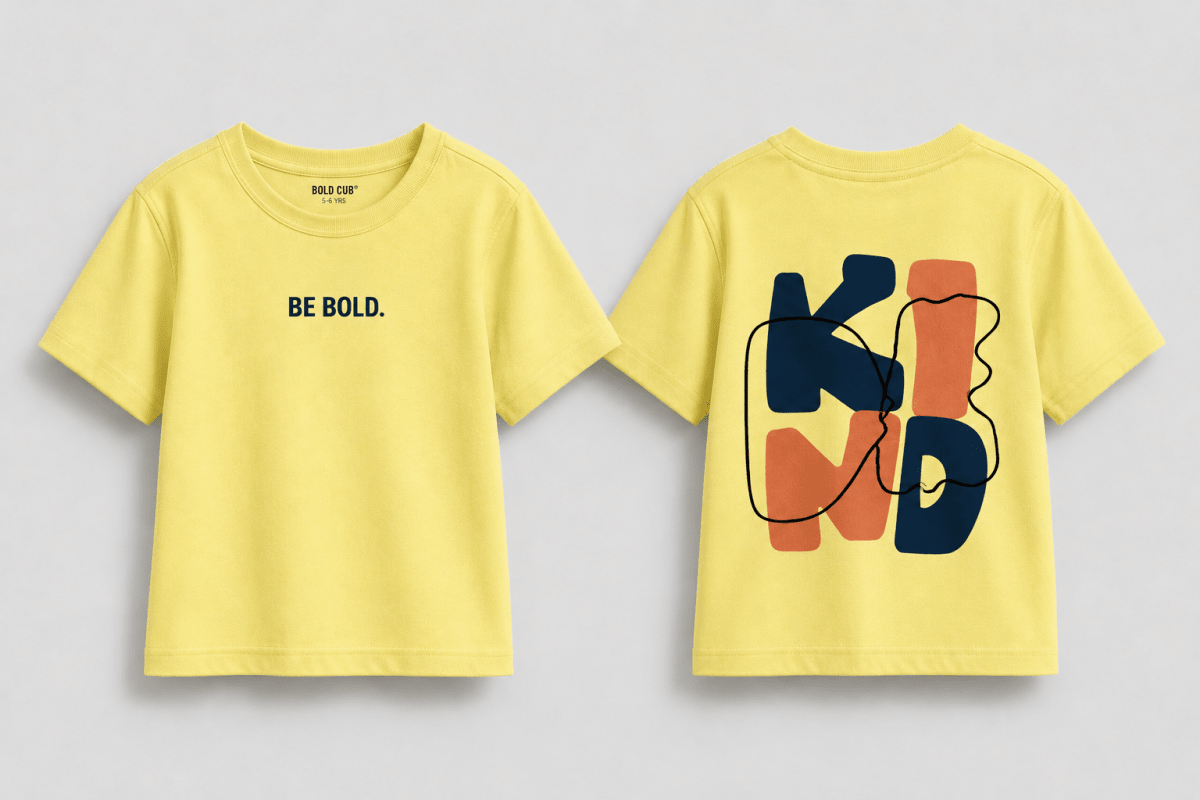 Boys oversized graphic t-shirt in pastel yellow, Be Kind print, Bold Cub Korean streetwear - flat lay