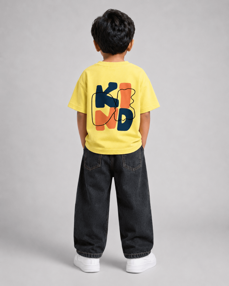 Boys oversized graphic t-shirt in pastel yellow, Be Kind print, Bold Cub Korean streetwear - back