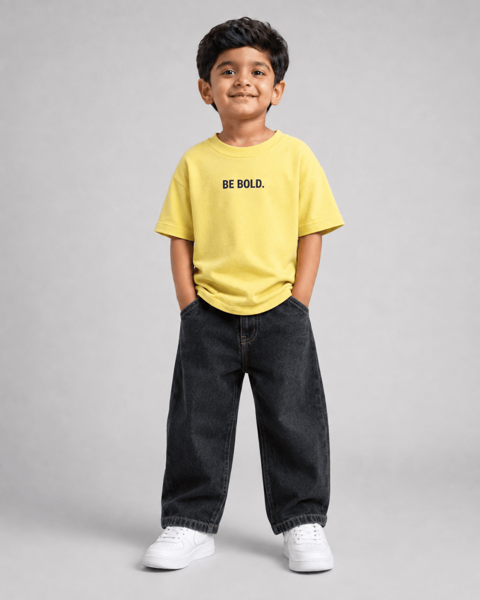 Boys oversized graphic t-shirt in pastel yellow, Be Kind print, Bold Cub Korean streetwear - front