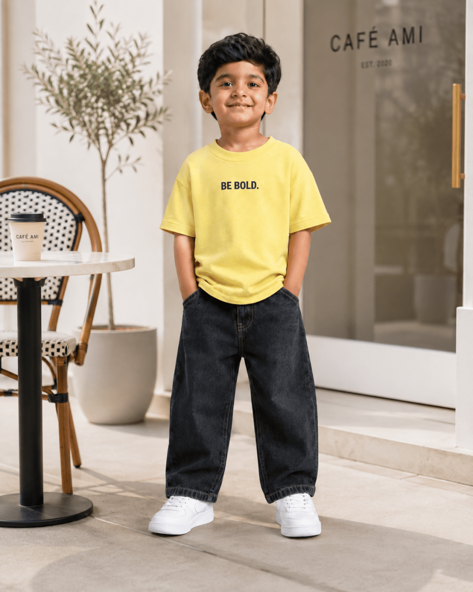 Boys oversized graphic t-shirt in pastel yellow, Be Kind print, Bold Cub Korean streetwear - lifestyle shot
