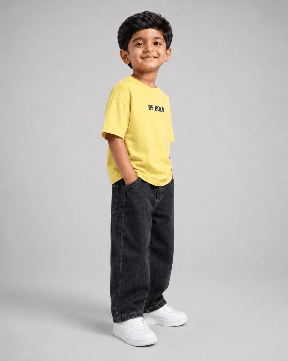 Boys oversized graphic t-shirt in pastel yellow, Be Kind print, Bold Cub Korean streetwear - detail shot