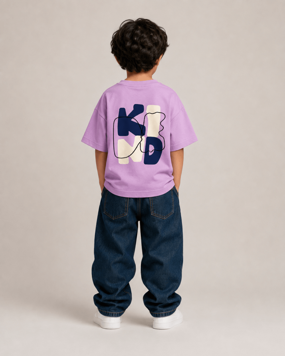 Boys oversized graphic t-shirt in lavender, Be Kind print, Bold Cub Korean streetwear - back