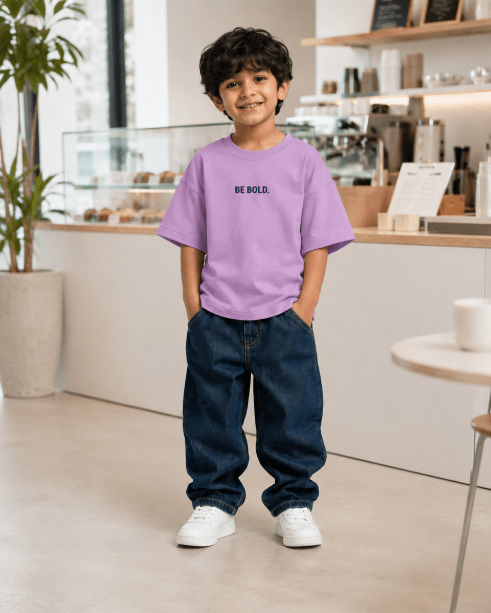 Boys oversized graphic t-shirt in lavender, Be Kind print, Bold Cub Korean streetwear - lifestyle shot