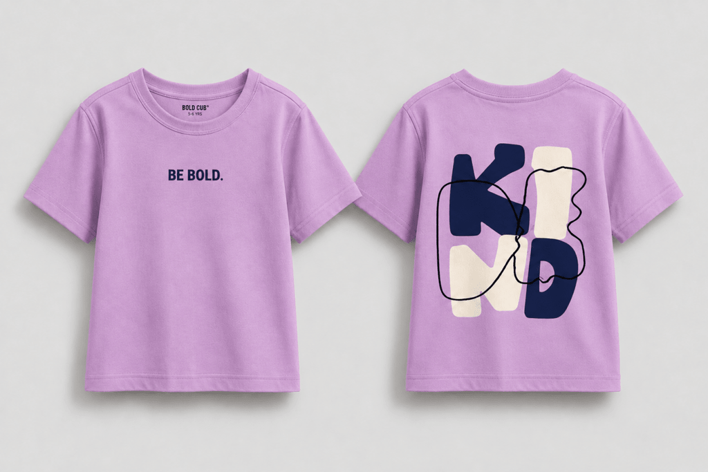 Boys oversized graphic t-shirt in lavender, Be Kind print, Bold Cub Korean streetwear - flat lay